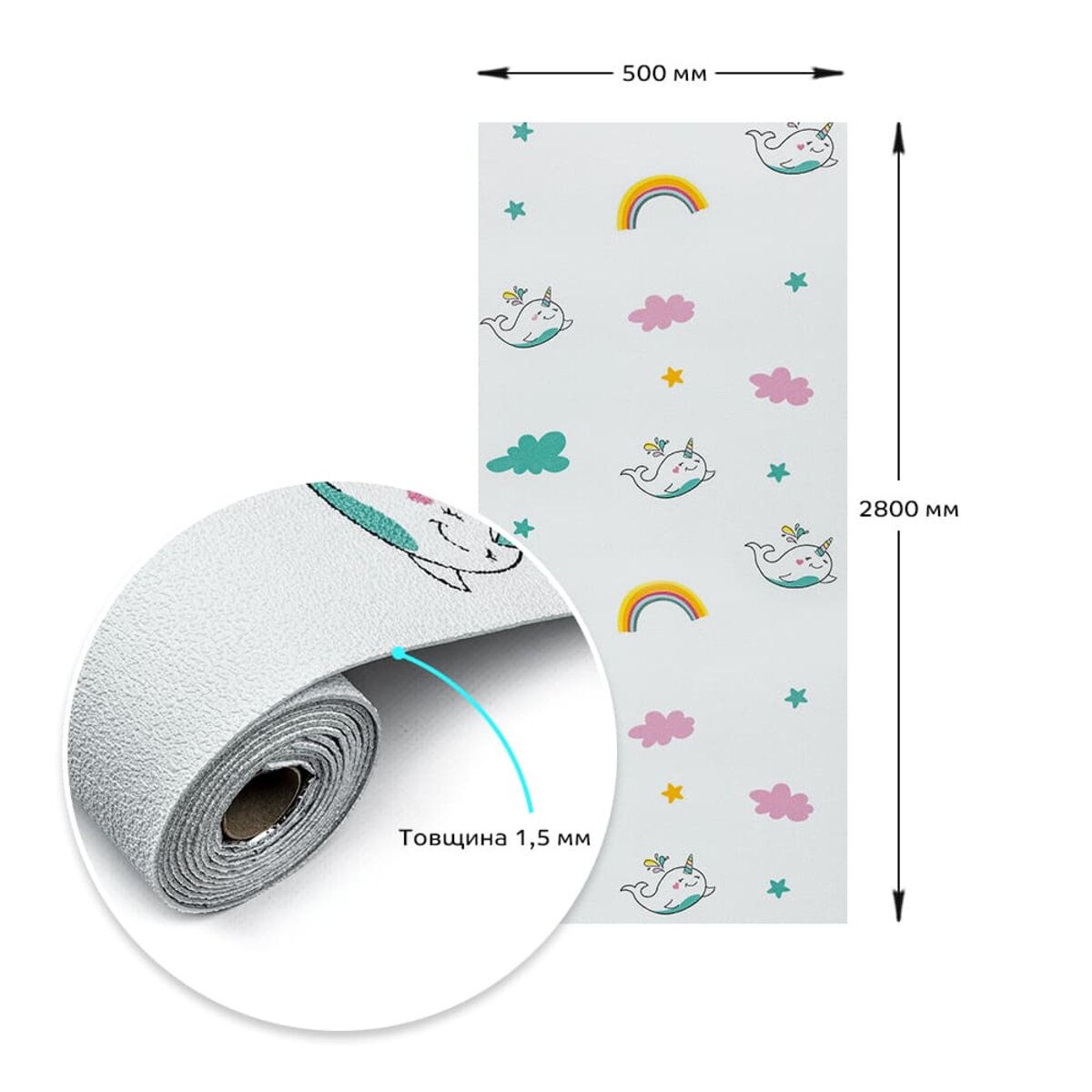 Крупный план самоклеящихся обоев Единорожки 2800x500 мм с XPE и фольгой — рельеф и клеевой слой